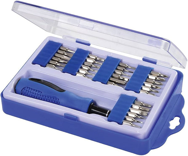 Professional Phillips Head Screwdriver with Steel Handle in a clear toolbox with interchangeable bits.