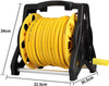 Wall-Mounted Garden Hose Reel with Spray Gun Set, featuring a yellow hose on a black stand, dimensions 34cm x 31.5cm x 30.5cm.