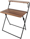 Folding 2-Tier Wall Mounted Desk with a black metal frame and wooden shelves, ideal for compact spaces.