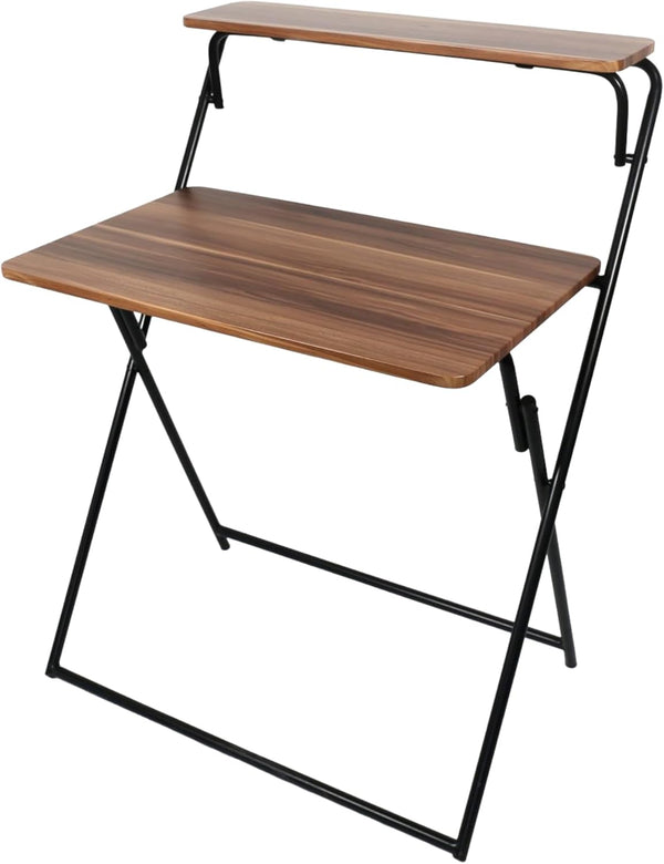 Folding 2-Tier Wall Mounted Desk with a black metal frame and wooden shelves, ideal for compact spaces.