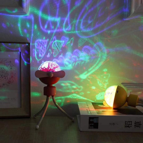 Portable Handheld Atmosphere Projector projecting colorful galaxy lights on a wall and table.
