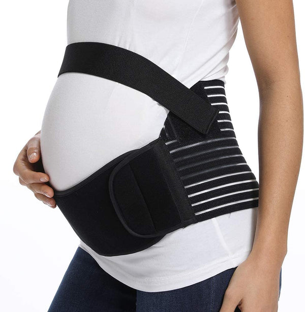 Adjustable Maternity Support Belly Band worn by a pregnant woman to alleviate back pressure.