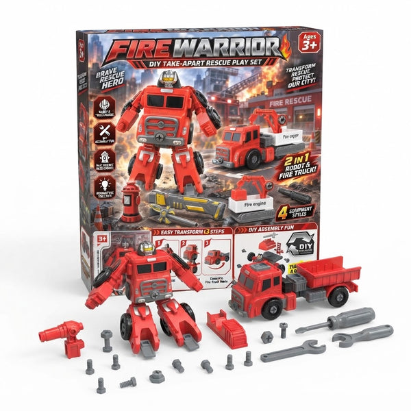 Fire Warrior DIY Take-Apart Rescue Play Set with assembly tools, rescue vehicle, and customizable components.