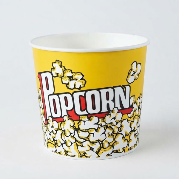 Extra Large Retro-Style Popcorn Bucket with classic yellow design and popcorn graphics for home movie nights.
