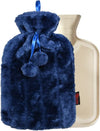Insulated Hot Water Bottle with Soft Cover in navy blue fluffy fabric for warmth and comfort.