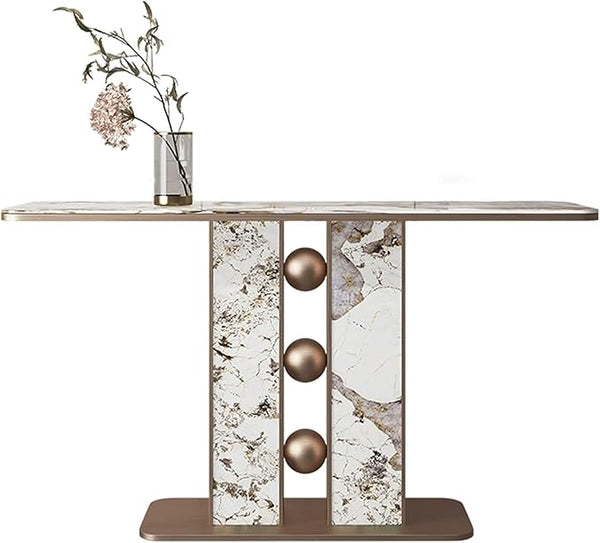 Luxury Faux Marble and Gold Circular Base Console Table with elegant marble surface and bold metallic base.