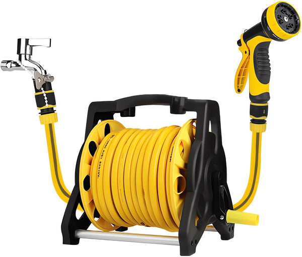 Wall-Mounted Garden Hose Reel with Spray Gun Set for efficient watering and outdoor cleaning.