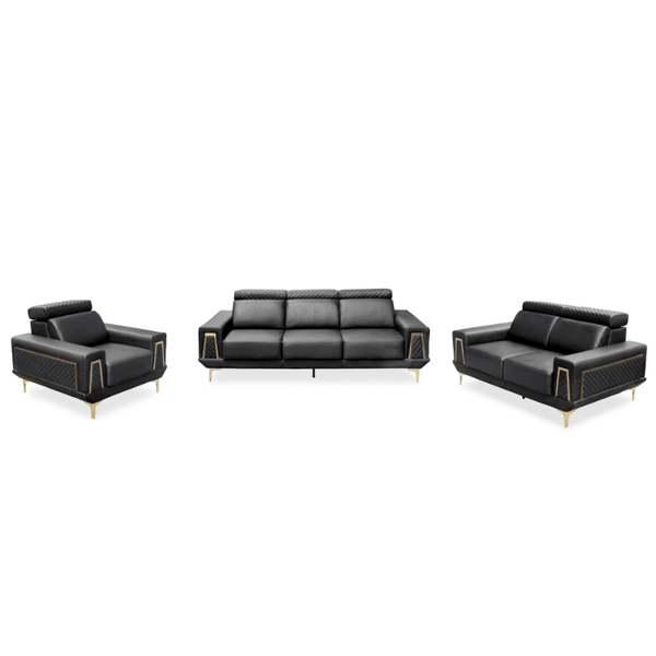 3-Piece Luxury Dark Sofa Set showcasing a modern design with plush cushions and elegant gold accents.