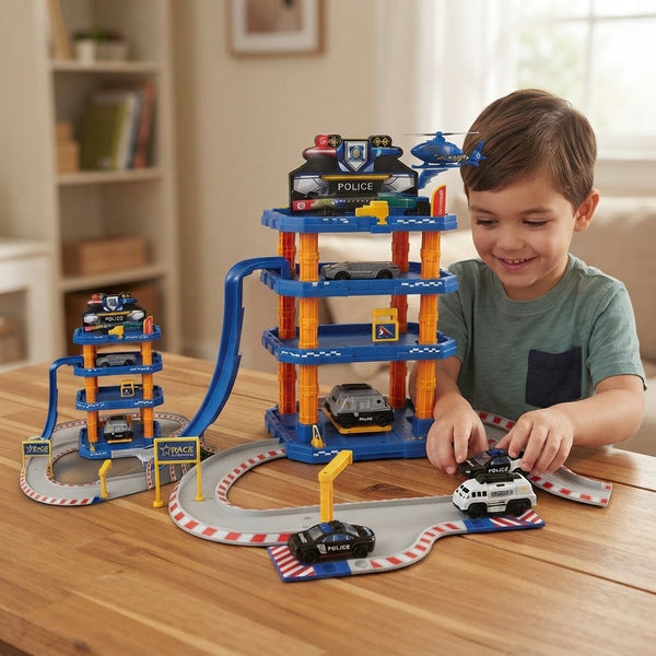 Child playing with 66-Piece Police Station Multi-Level Track Set featuring cars and a multi-level police station.