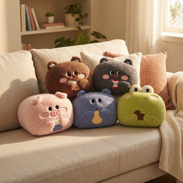 Colorful Animal Plush Pillows on a couch, featuring cute animal shapes for a playful home decor.