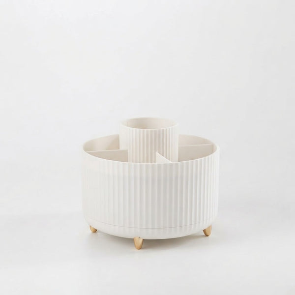 360-Degree Rotating Desktop Storage Bucket with ribbed design and compartments for organization.