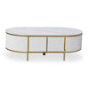 Oval Faux Marble Coffee Table with Storage featuring a white ribbed design and gold accents.