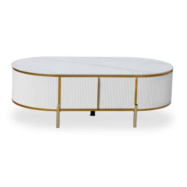Oval Faux Marble Coffee Table with Storage featuring a white ribbed design and gold accents.