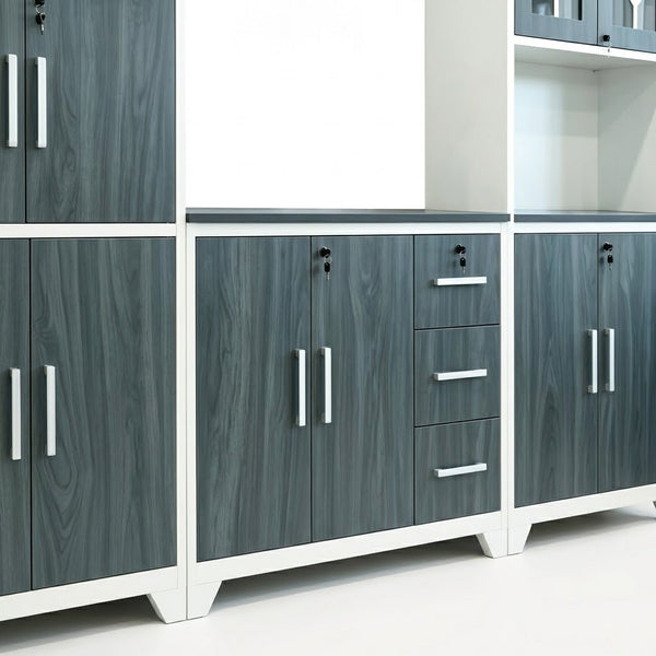 Multi-Piece Modular Kitchen Storage Cabinet Set with gray wood finish and sleek metal handles.