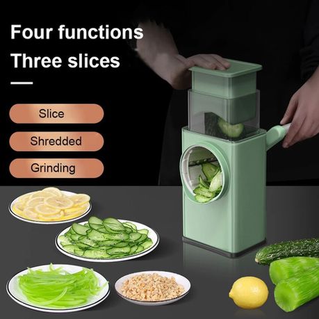 Multifunction 3 In 1 Vegetable Slicer And Cutter displaying slicing, shredding, and grinding with fresh vegetables.