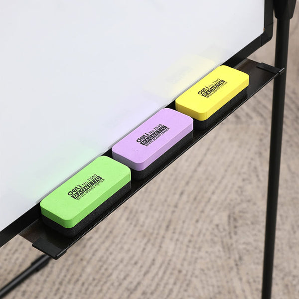 Magnetic Whiteboard Eraser set featuring green, purple, and yellow erasers mounted on a whiteboard.