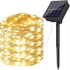 Solar-Powered LED String Lights 10M with solar panel and warm white lights for outdoor decoration.