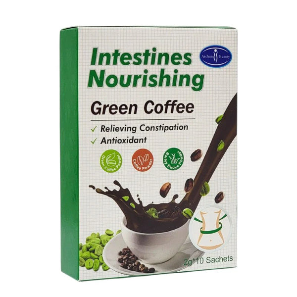 Intestines Nourishing Green Coffee Sachets box featuring green coffee for relieving constipation and antioxidants.