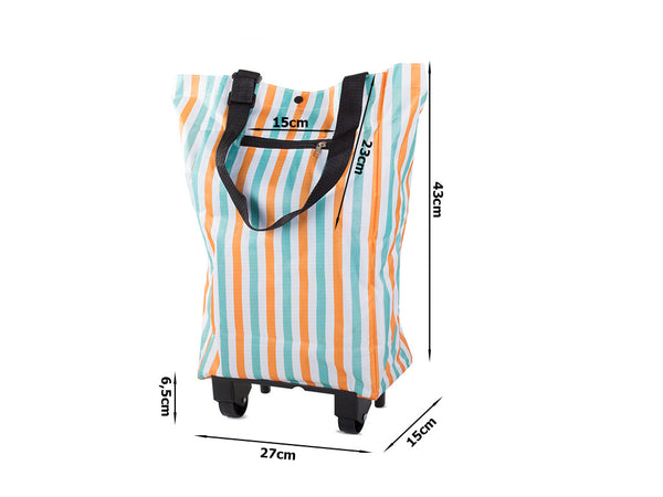Foldable Shopping Trolley Bag with Wheels in striped design with measurements and wheels for easy transport.