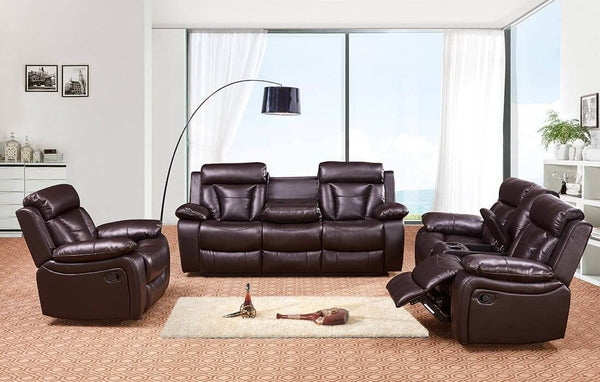 Lux Comfort Reclining Sofa in a modern living room setting with a stylish lamp and large windows.