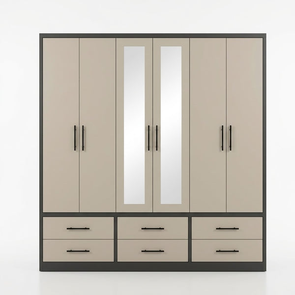 6-Door Wardrobe with Mirrored Doors and 6 Storage Drawers