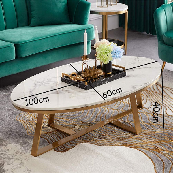 Oval Faux Marble Coffee Table with Gold Metal Base dimensions 100cm x 60cm x 40cm, elegant design for modern spaces.