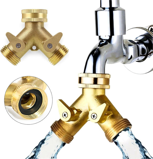 Brass 2-Way Garden Hose Splitter with Stop Valves attached to a faucet, providing two independent water outlets.