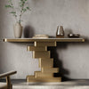 Contemporary Extra Long Faux Marble Console Table in a modern setting with decorative items.