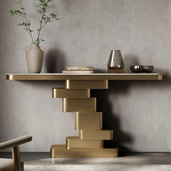 Contemporary Extra Long Faux Marble Console Table in a modern setting with decorative items.