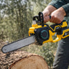 Cordless Telescopic Chainsaw 13 Inch Bar Tool-Free Tension cutting through a log outdoors with flying sawdust.