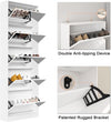 Freestanding Organised Storage Cabinet showcasing shoe storage, double anti-tipping device, and patented rugged bracket.