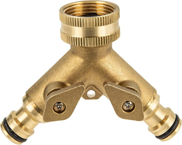 Brass 2-Way Garden Hose Splitter with Stop Valves for efficient water flow and independent control.