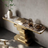 Contemporary Extra Long Faux Marble Console Table with decorative items and elegant design in a modern interior setting.
