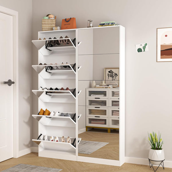 Freestanding Organised Storage Cabinet with mirrored front, shoe storage shelves, and space-saving design for home organization.