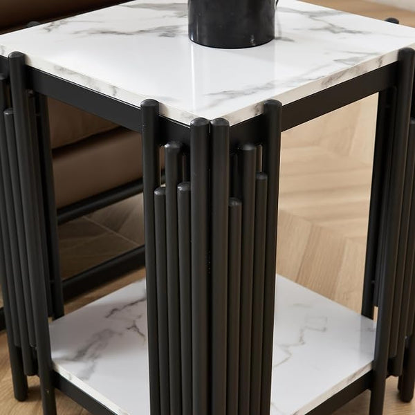 Marble End Table with 2-Tier Open Storage Shelves