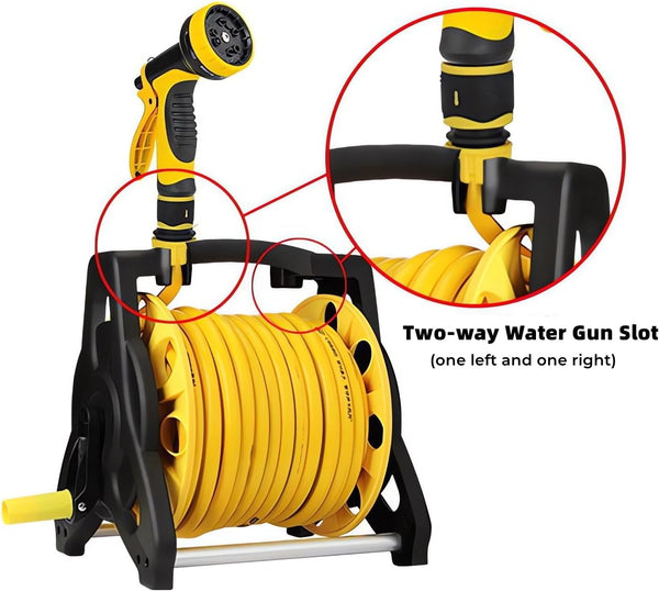 Wall-Mounted Garden Hose Reel with Spray Gun Set featuring a two-way water gun slot and neatly coiled yellow hose.