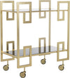 Brass and Black Glass Eliza Bar Cart on wheels with art deco design, perfect for stylish home entertainment.