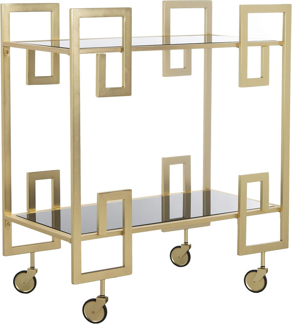 Brass and Black Glass Eliza Bar Cart on wheels with art deco design, perfect for stylish home entertainment.
