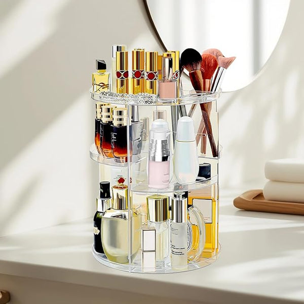 360 Rotating Cosmetic Organizer displaying various beauty products and makeup brushes on a stylish vanity.