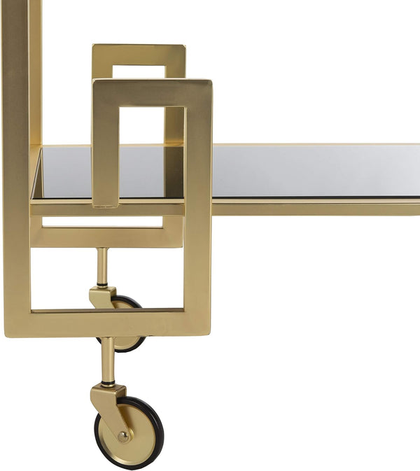 Brass and Black Glass Eliza Bar Cart close-up of modern gold frame and wheels.
