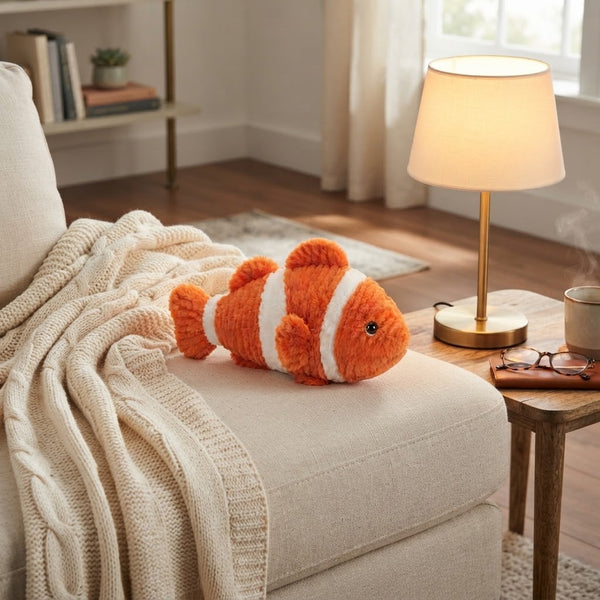 Orange and White Striped Clownfish Plush Toy resting on a cozy sofa with a warm lamp nearby.