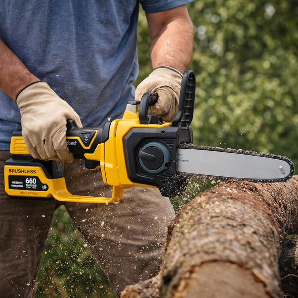 Man using a Cordless Telescopic Chainsaw 13 Inch Bar Tool-Free Tension on a log outdoors.