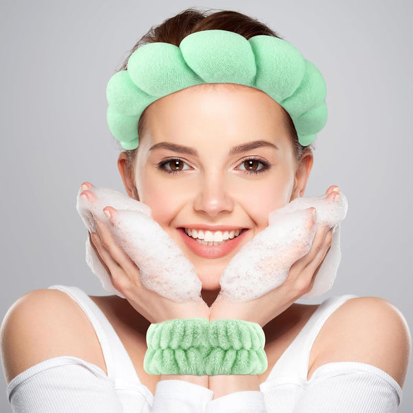 Spa Headband and Wristband Set for keeping hair dry during skincare routines with soft absorbent materials.