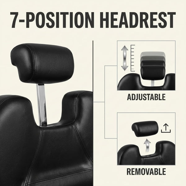 7-position headrest of Heavy Duty Hydraulic Barber Chair with adjustable and removable features for client comfort.