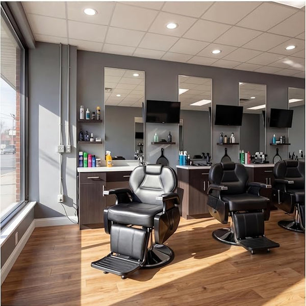 Interior of a modern salon showcasing Heavy Duty Hydraulic Barber Chairs and professional hair care products.