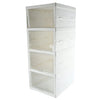 Clear Foldable Shoe Storage Rack 4 Tier; a white stackable shoe organizer with clear drawers for easy visibility.