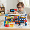 Child playing with Police Blaster Pretend Play Toy Set for Kids, featuring colorful toy guns and game accessories.