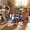Children playing with the 66-Piece Police Station Multi-Level Track Set featuring cars and a helicopter.