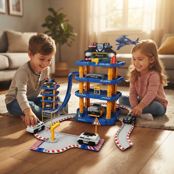 Children playing with the 66-Piece Police Station Multi-Level Track Set featuring cars and a helicopter.