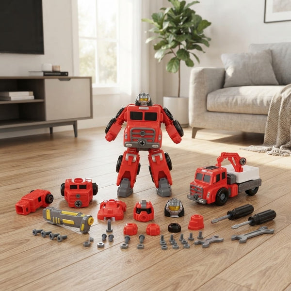 Fire Warrior DIY Take-Apart Rescue Play Set with assembly tools, parts, and a fire truck figure in a playroom.